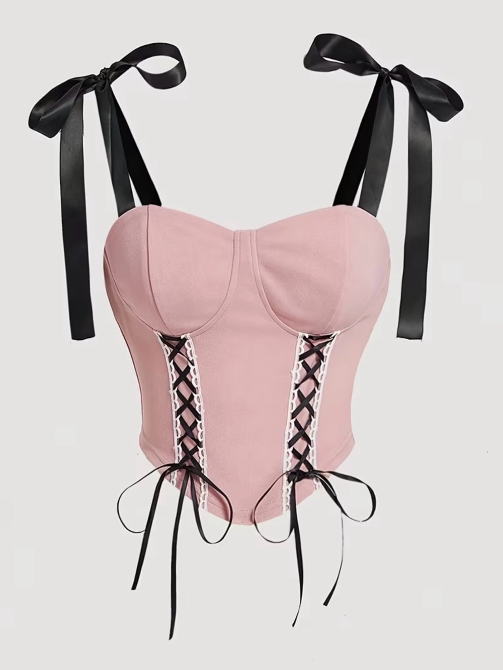 🎀Pink Lace-Up Look 🎀Corset Top with Black Ribbon Straps